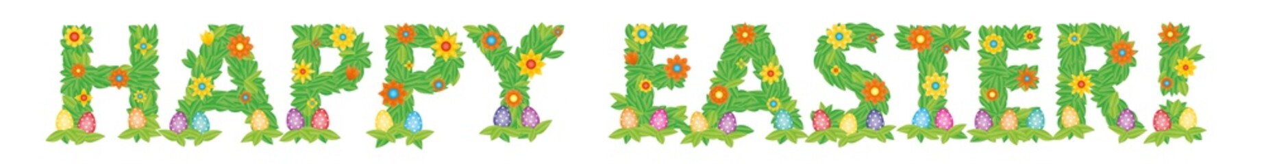 Happy Easter lettering with flowers and Easter eggs