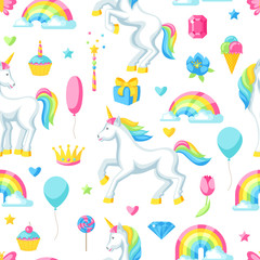 Fototapeta premium Seamless pattern with unicorns and fantasy items