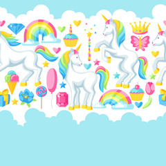 Obraz na płótnie Canvas Seamless pattern with unicorns and fantasy items