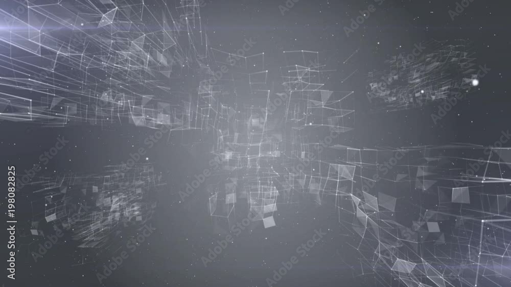 Poster Megastructures in space. Gray background . Depth of field. Place for text. Plexus cinematographic business medical background. Visualization of abstract forms of the plexus. Connection and web concept