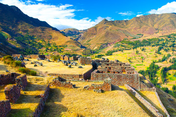 Ruins of Incan fortress Pisaq, Urubamba Valley, Peru - obrazy, fototapety, plakaty
