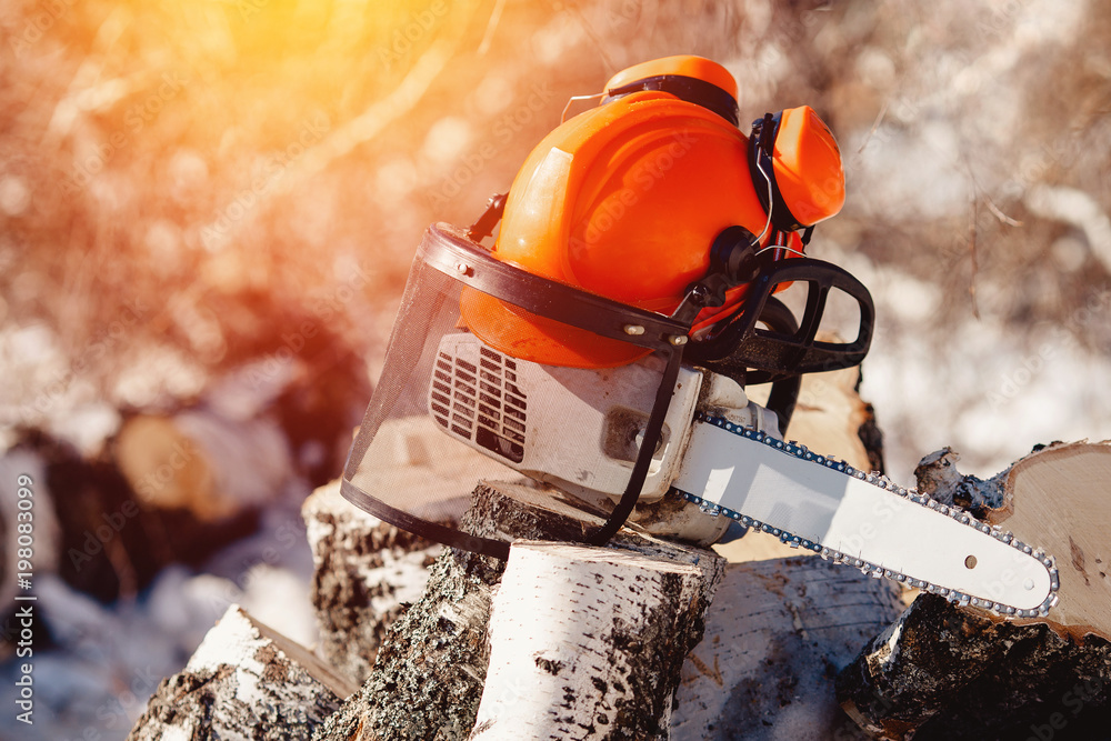 Wall mural chainsaw and protective helmet of lumberjack lie on sawn wood. concept is to cut trees at altitude.