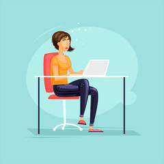 Fototapeta na wymiar Business characters. Girl is working at the computer. Co working people, meeting. Workplace. Office life. Flat design vector illustration.