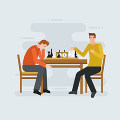 Two young men playing chess - flat vector illustration for banners, apps and web. Business strategy concept.