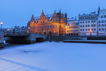 Green Gate and Bridge in Gdansk at night
