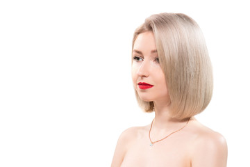 Obraz premium Portrait of beautiful female model on white background