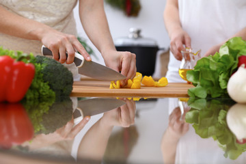 Closeup of human hands cooking in kitchen. Mother and daughter or two female cutting bell pepper...