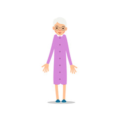 Old woman. Elderly woman stand and her arms are lowered along body. Illustration isolated on white background in flat style. Full length portrait of old ladie, senior or grandmother