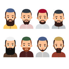 Muslim avatar. Set Muslim or Arab man avatars. Isolated characters of representatives of Islam on a white background in a flat style.