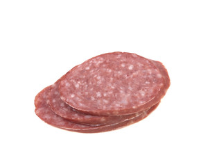 sausage sliced in thin slices isolated on white background