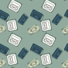 Cassette tapes floating seamless pattern. Authentic design for digital and print media.