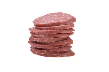 sausage sliced in thin slices isolated on white background