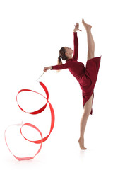 Sport gymnastic girl with a ribbon
