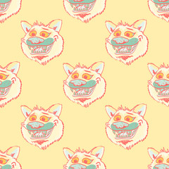 Funky wolf smiling seamless pattern. Cartoon style pattern design.