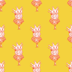 King wearing huge crown seamless pattern. Cartoon style pattern design.