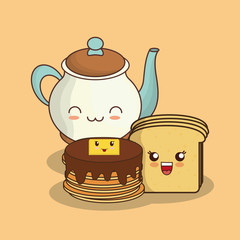 kawaii pancakes with tea pot and loaf slice over orange background, colorful design. vector illustration