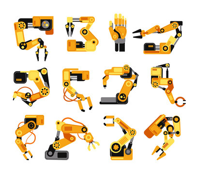 Industrial robotic arms manufacture technology assembly equipment vector set