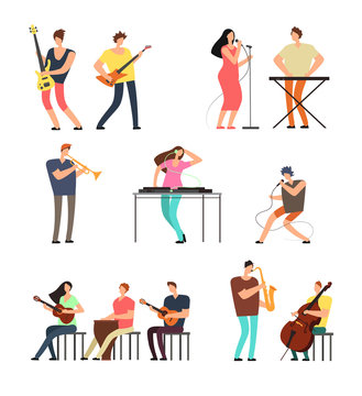 People performing music. Musicians with musical instruments. Vector cartoon characters isolated