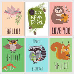 Once upon forest cards collection. Cute animals kids cards