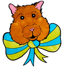 Brown hamster with green and blue bow, head, ink lines, drawing, hand drawn