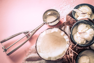 coconut ice cream on a pink background