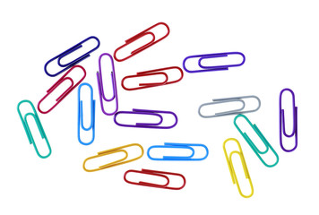 Colored paper clips on a white background, closeup