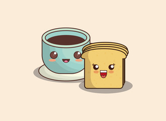 kawaii loaf slice and coffee mug over white background, colorful design. vector illustration