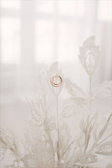 Wedding wedding rings on a light background, selective focus, macro
