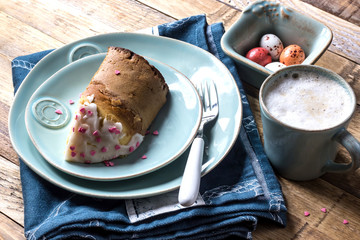 Easter composition with orthodox sweet bread, kulich and eggs