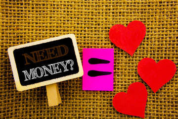 Writing text showing  Need Money Question. Concept meaning Economic Finance Crisis, Cash Loan Needed written on blackboard equation Meaning Love Heart on the textured background