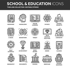 School education, university. Study, learning process. Oline lessons, tutorial. Student knowledge. History book.Thin line black web icon set. Outline icons collection.Vector illustration.