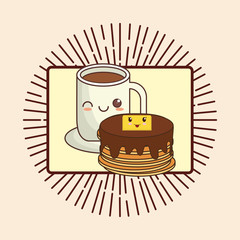 kawaii pancakes and coffee mug over white background, colorful design. vector illustration