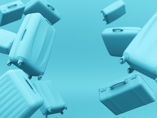 Set of blue color suitcases mono colored concept copyspace. 3d render