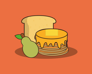 pancakes and pear over orange background, colorful design. vector illustration