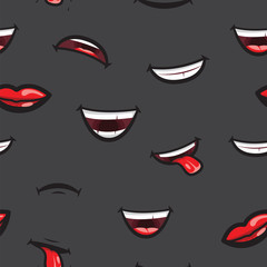 Pattern smiling lips, mouth with tongue, white toothed smile and sad expression. Lips and mouth expressing different emotions, funny and sad smiles on black pattern background
