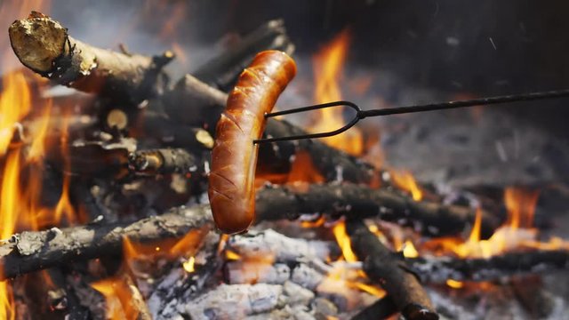 delicious and fragrant sausage roasted on the campfire in the summer forest