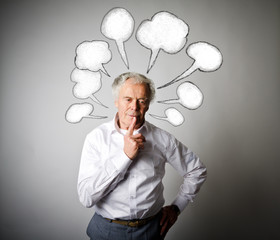 Old man in white and blank speech bubbles.