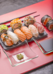 Japanese sushi on a red background
