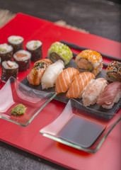 Japanese sushi on a red background