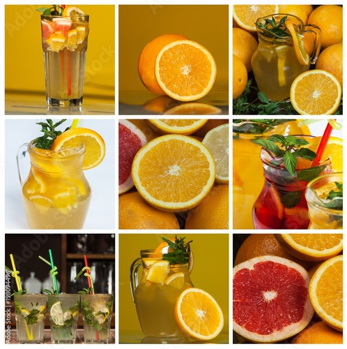 A Collage Of Various Orange Color Juices From Tropical Fruit Stock A Collage Of Various Orange Color Juices From Tropical Fruit