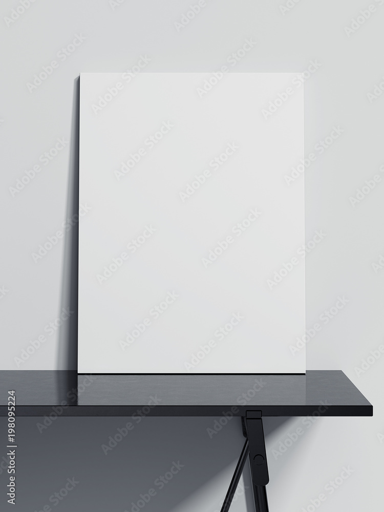 Poster blank canvas on the black table. 3d rendering