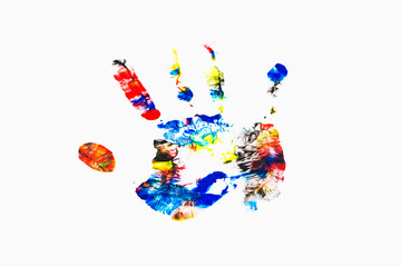 Close up of colored hand print on white background