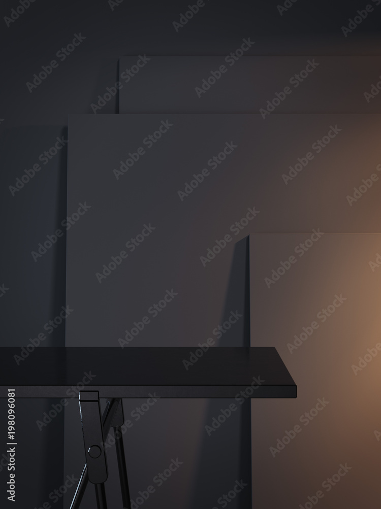Aufkleber black empty table and three dark picture frame. 3d rendering