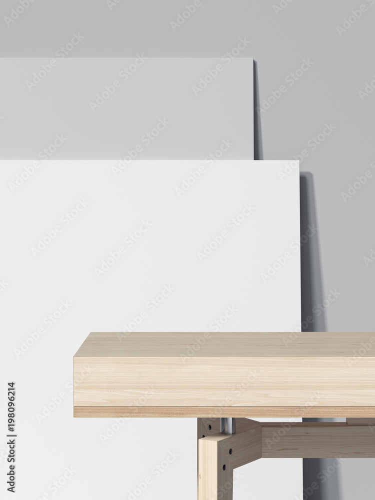 Aufkleber wood empty table and two blank picture frames. 3d rendering