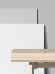 Wood empty table and two blank picture frames. 3d rendering