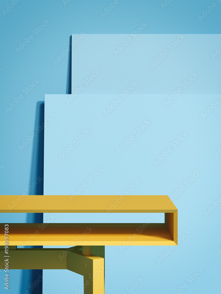 Aufkleber yellow empty table and two blue picture frames. 3d rendering