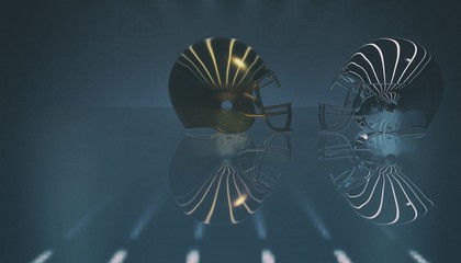 American football helmets and trophy ball on black dark background, 3d rendering