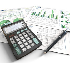 Office Workplace. 3d Illustration of Financial documents, graphs and pie charts on white background.Pen and Calculator. Green Theme.