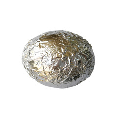Silver egg on a white background.Egg covered with crumpled foil