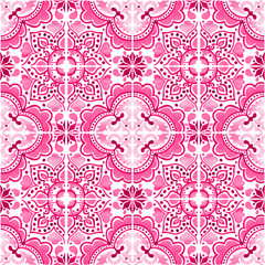 Seamless pattern with with Portuguese tiles. Watercolor illustration of Azulejo on white background. Pink color.